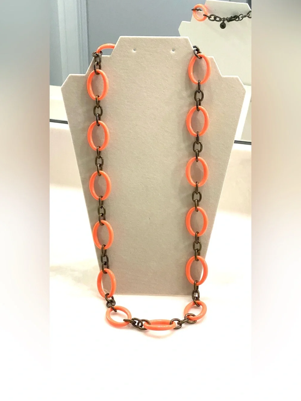 Vintage J. Crew Neon Coral Link Necklace with Brass Chain